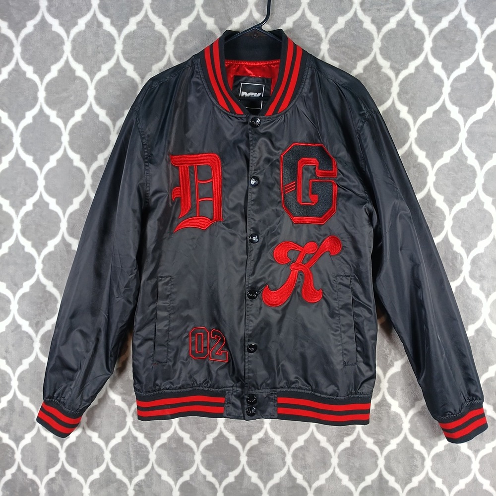 DGK Dirty Ghetto Kids Jacket Men M Black Red Satin Bomber Embroidered Streetwear